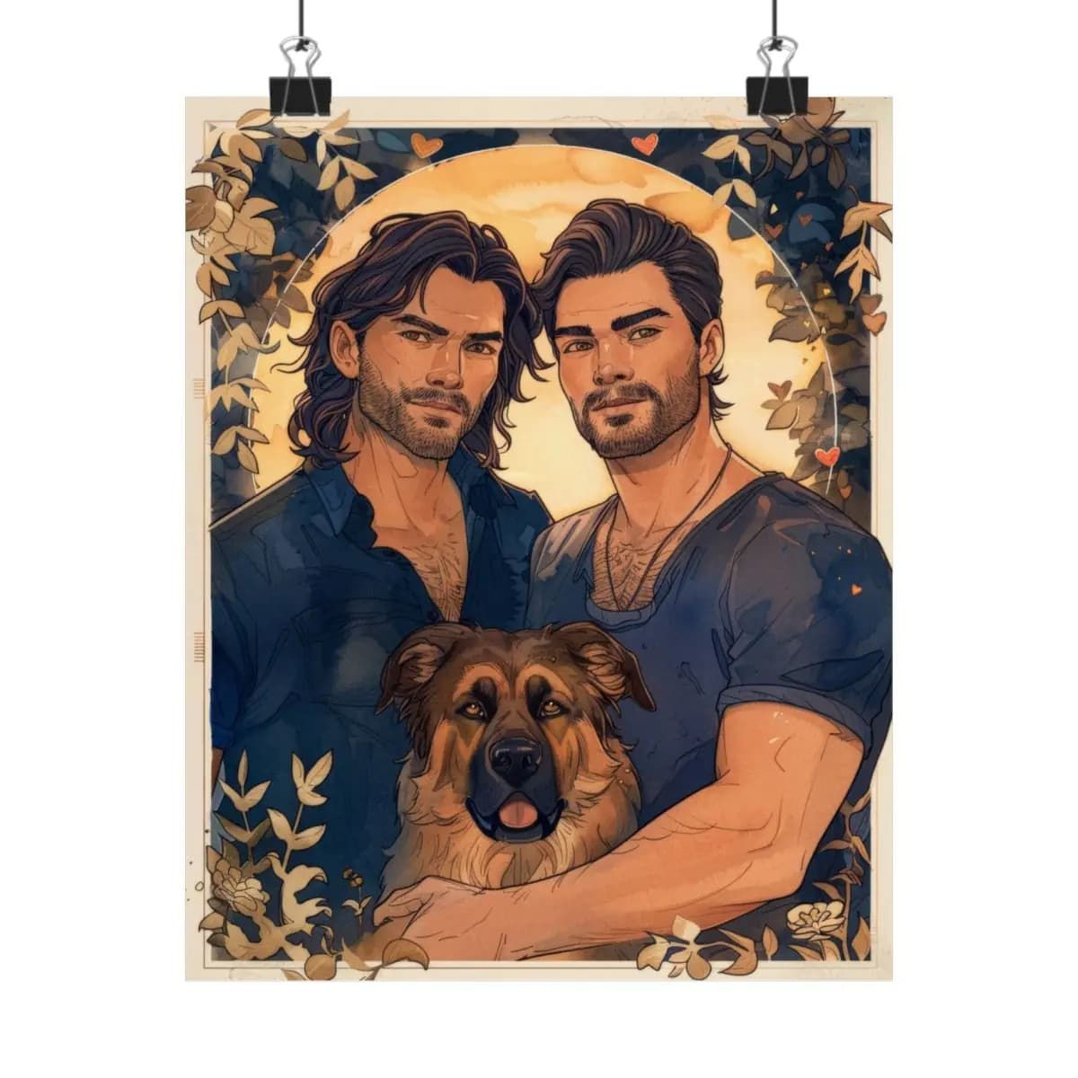 Two Men and Their Dog Beneath a Golden Moon - Matte Vertical Posters mockup angle 1