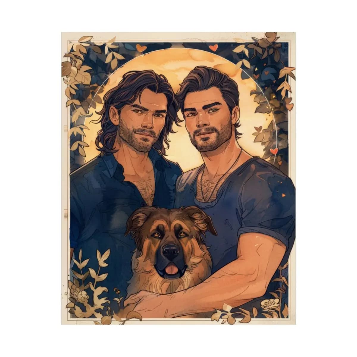 Two Men and Their Dog Beneath a Golden Moon - Matte Vertical Posters mockup angle 2