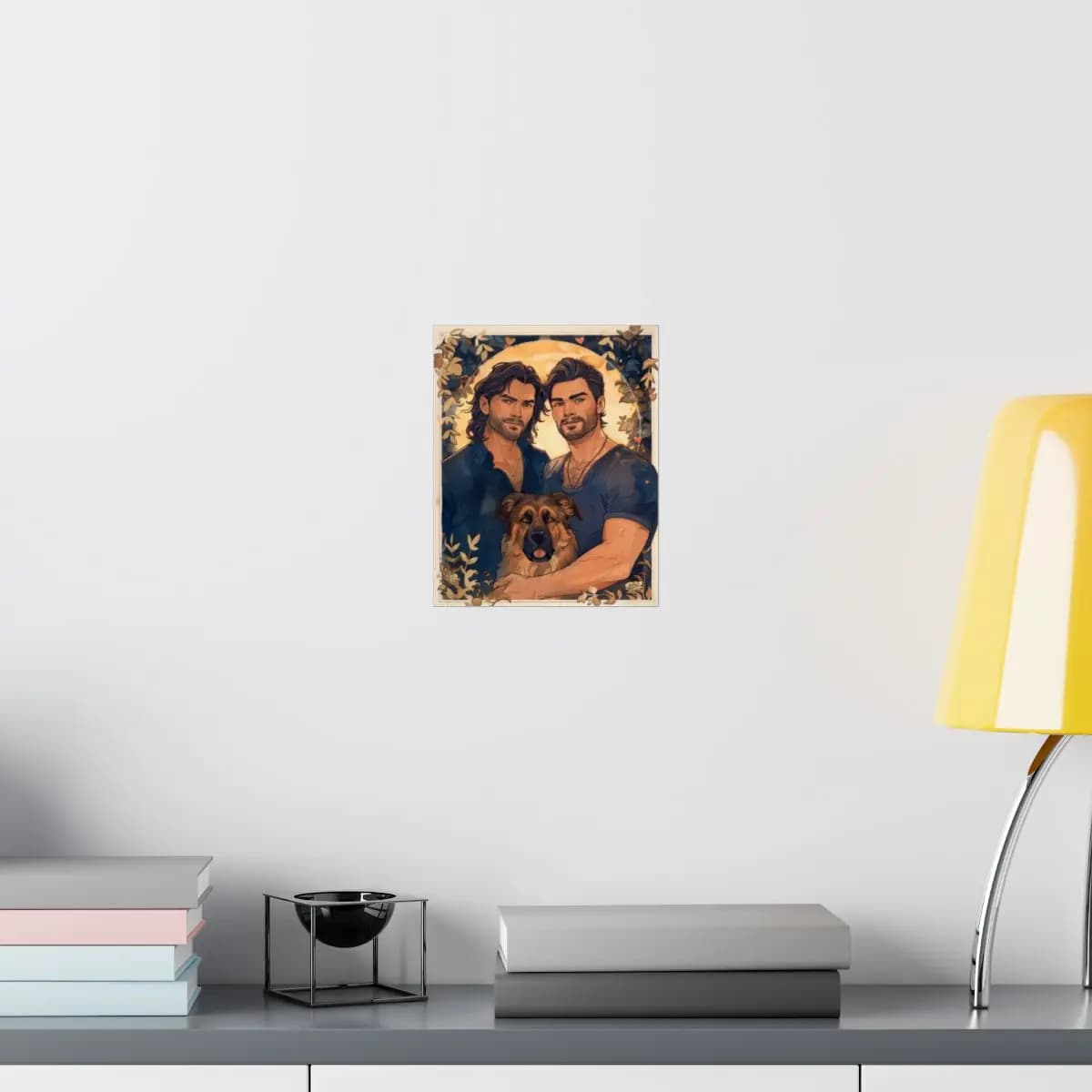 Two Men and Their Dog Beneath a Golden Moon - Matte Vertical Posters mockup angle 8