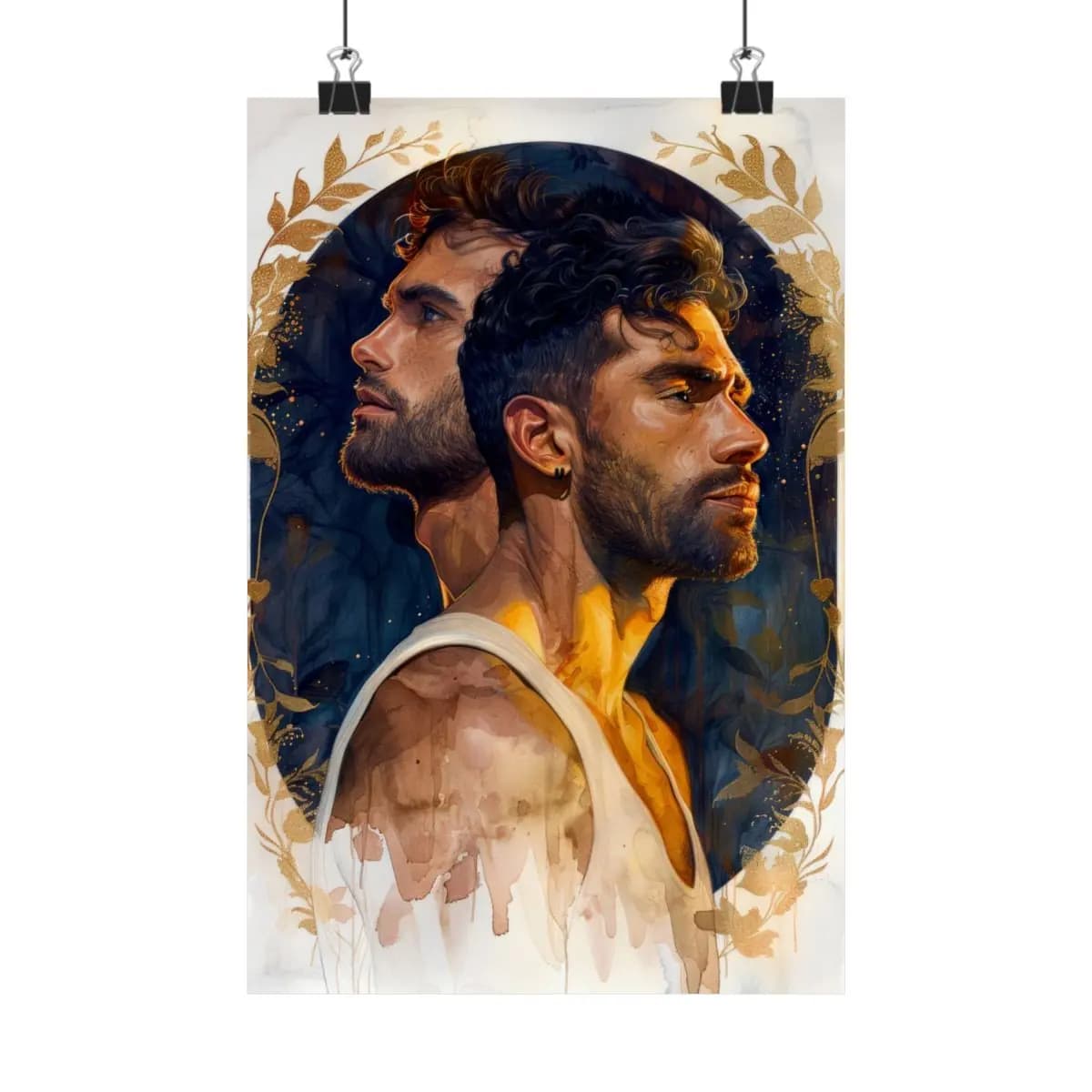 Two Men in Profile Beneath a Golden Arch - Matte Vertical Posters mockup angle 1