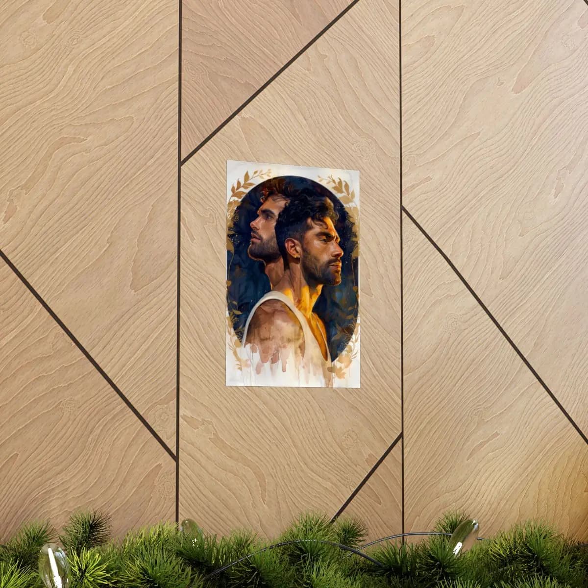 Two Men in Profile Beneath a Golden Arch - Matte Vertical Posters mockup angle 5