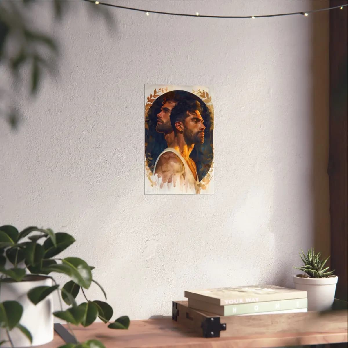 Two Men in Profile Beneath a Golden Arch - Matte Vertical Posters mockup angle 6