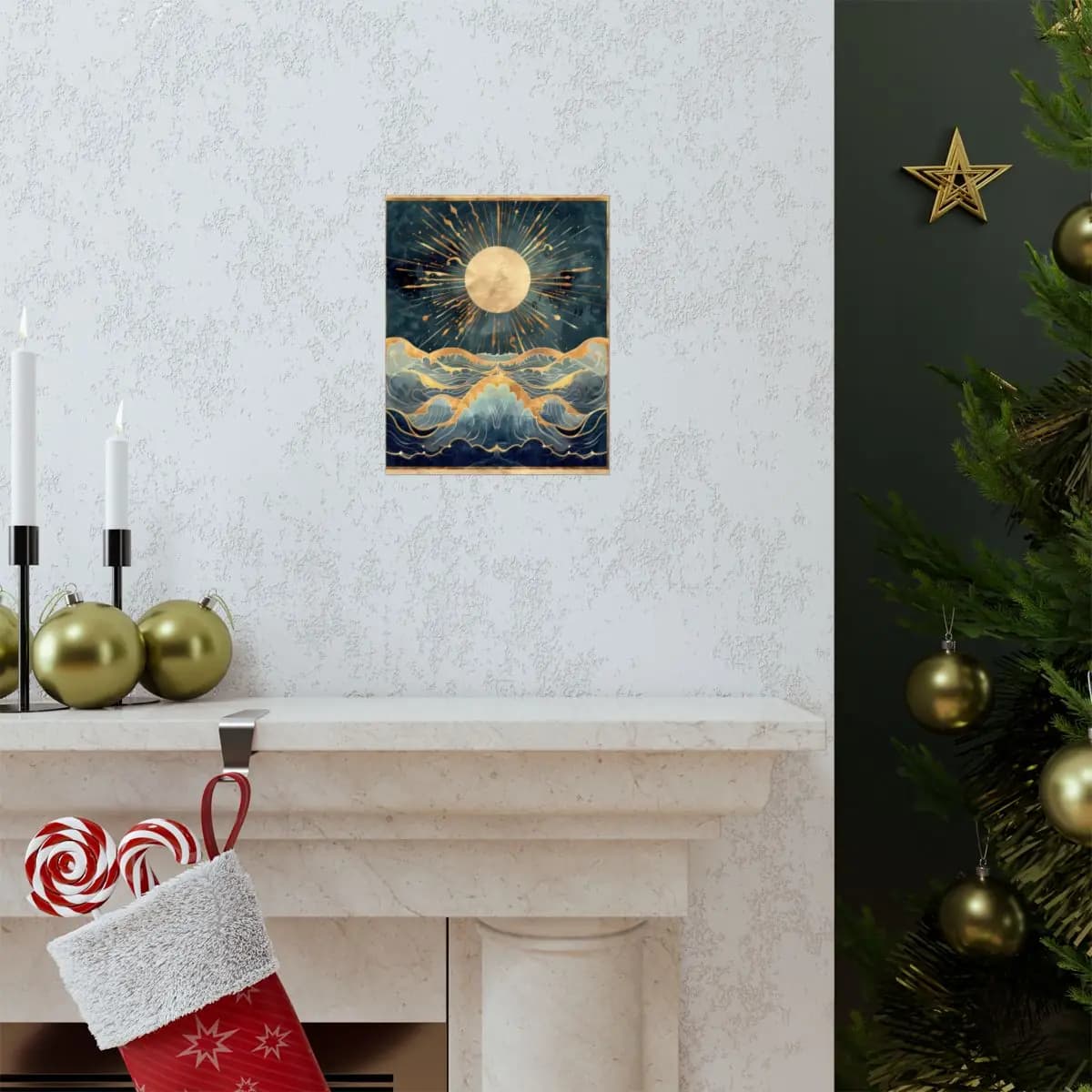 Golden Moon Over Celestial Waves - Matte Vertical Posters mockup angle 7