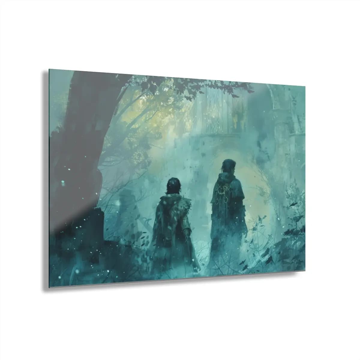 Two Cloaked Figures Before Mystic Ruins - Acrylic Prints (French Cleat Hanging) mockup angle 1