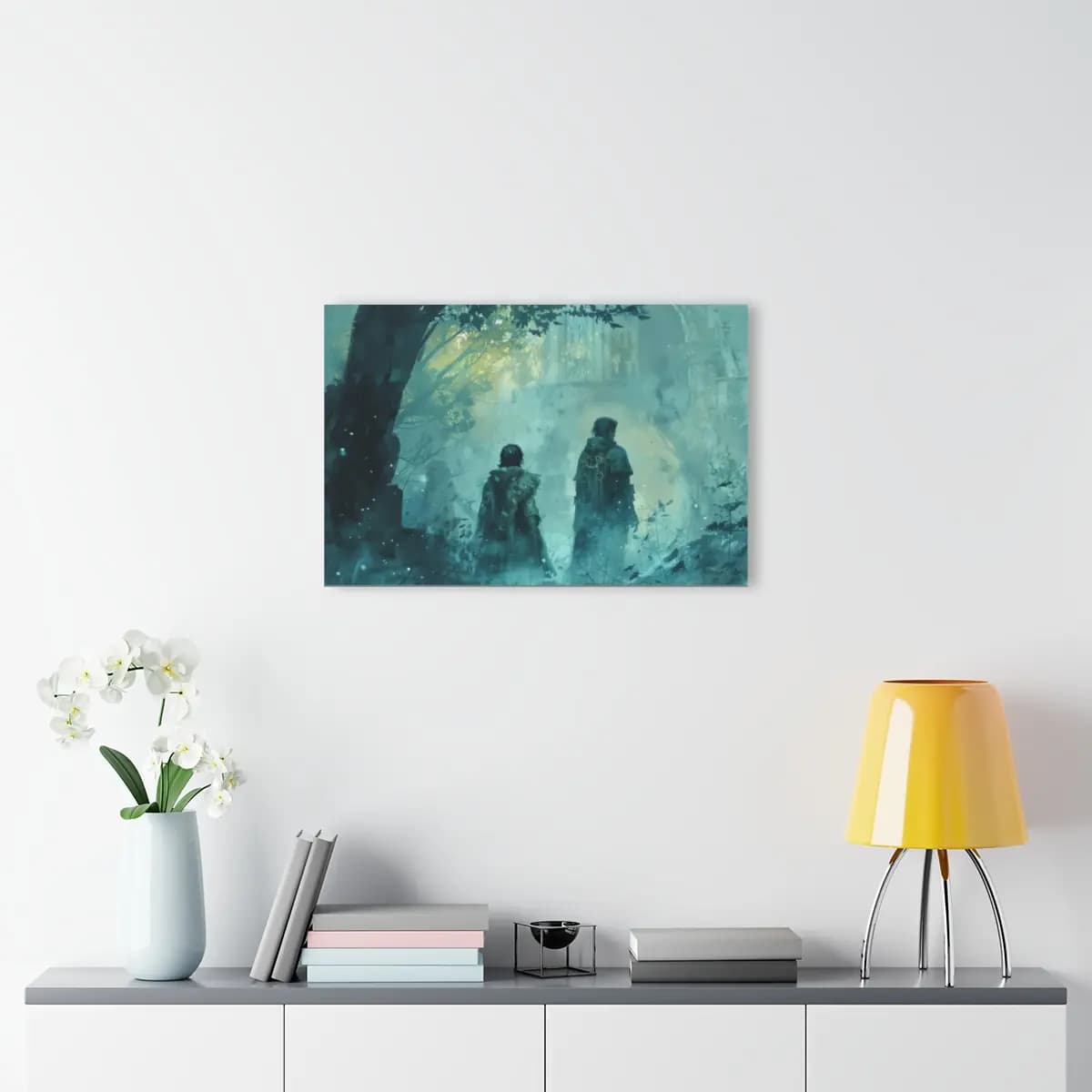 Two Cloaked Figures Before Mystic Ruins - Acrylic Prints (French Cleat Hanging) mockup angle 4
