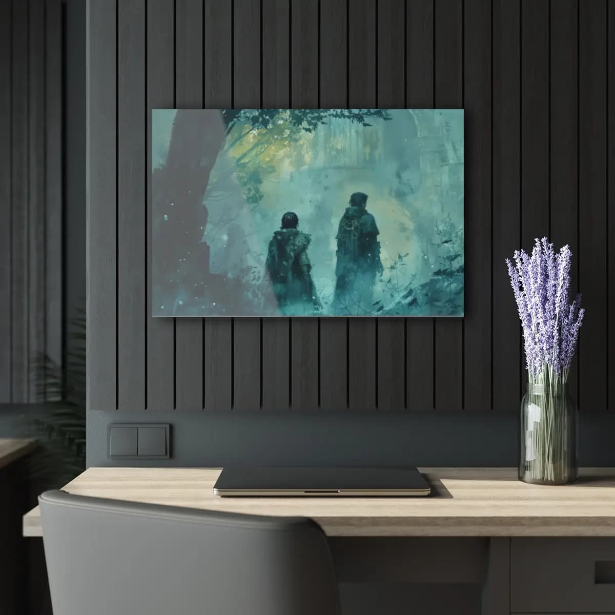 Two Cloaked Figures Before Mystic Ruins - Acrylic Prints (French Cleat Hanging) mockup angle 5