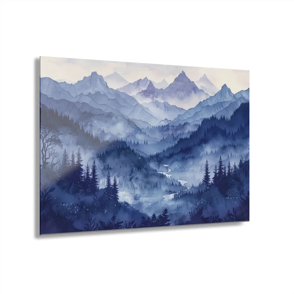 Blue Misty Valley Among Mountains and Firs - Acrylic Prints (French Cleat Hanging) mockup angle 1