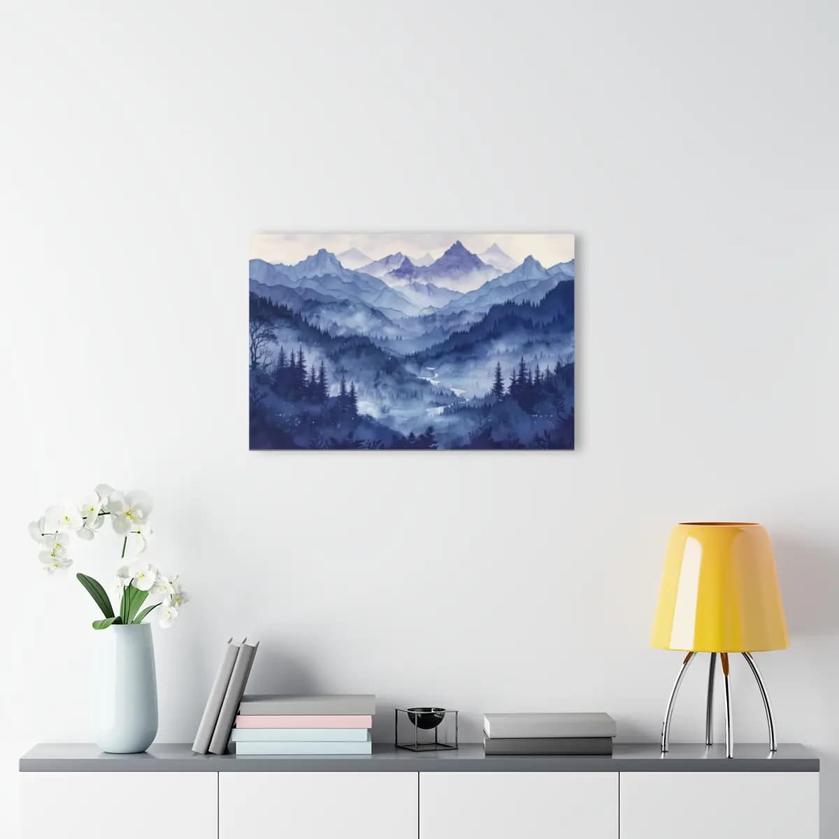 Blue Misty Valley Among Mountains and Firs - Acrylic Prints (French Cleat Hanging) mockup angle 4