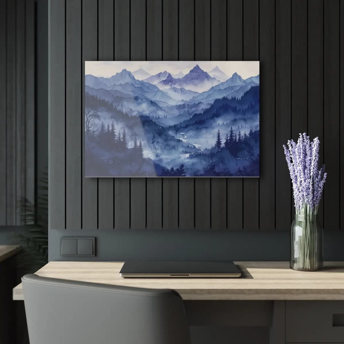 Blue Misty Valley Among Mountains and Firs - Acrylic Prints (French Cleat Hanging) mockup angle 5