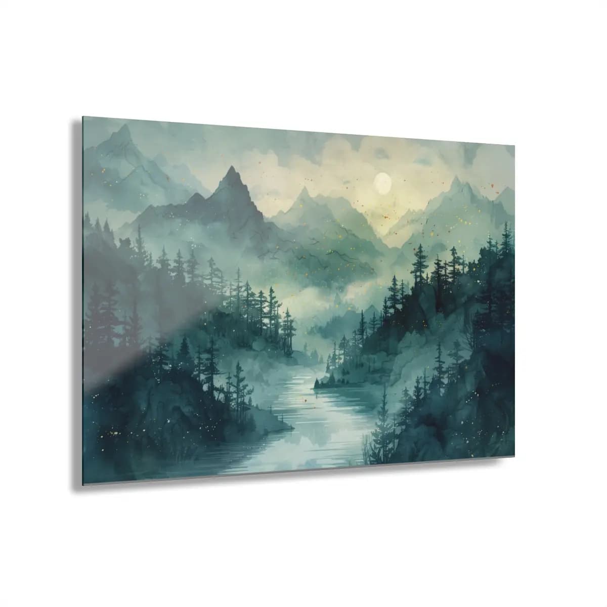 Misty Mountain River Beneath a Pale Moon - Acrylic Prints (French Cleat Hanging) mockup angle 1
