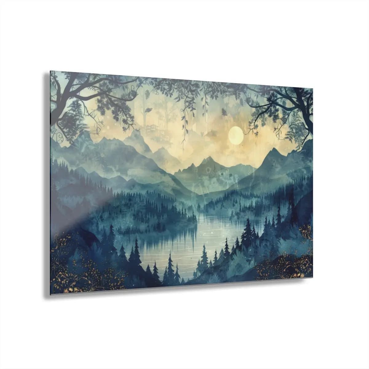 Misty Mountain Lake Beneath a Pale Moon - Acrylic Prints (French Cleat Hanging) mockup angle 1