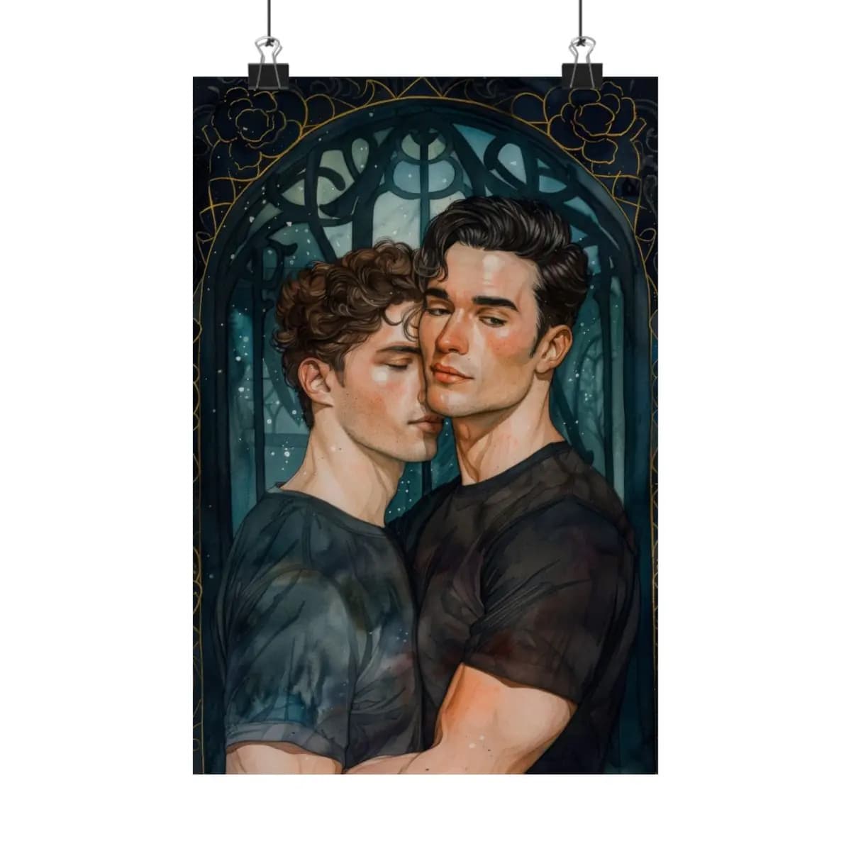 Two Men Embracing Beneath a Gothic Night Arch - Matte Vertical Posters mockup angle 1