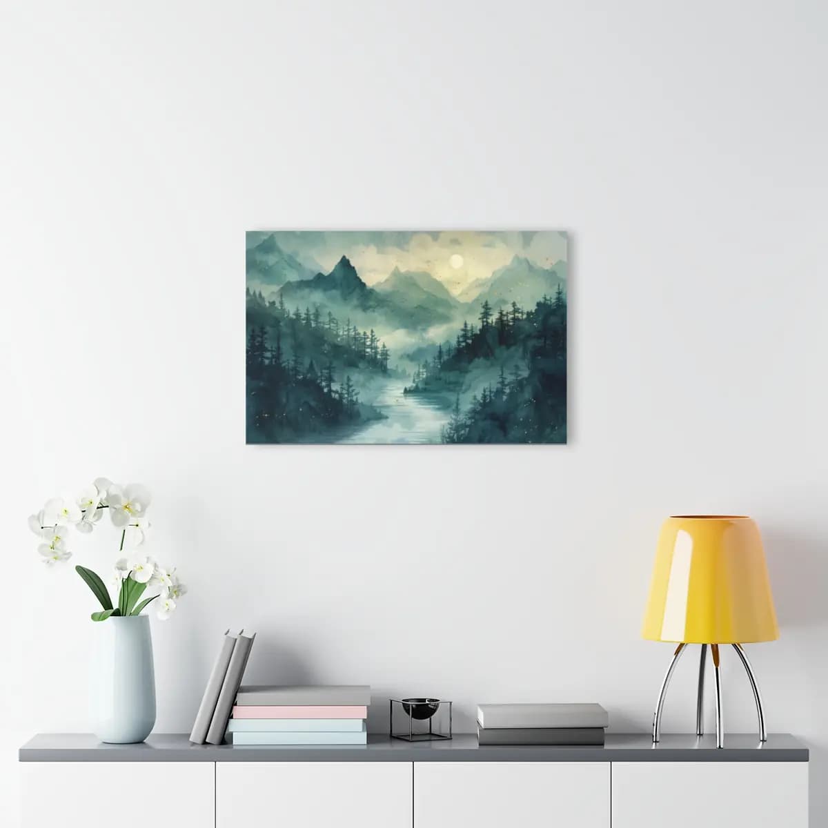 Misty Mountain River Beneath a Pale Moon - Acrylic Prints (French Cleat Hanging) mockup angle 4
