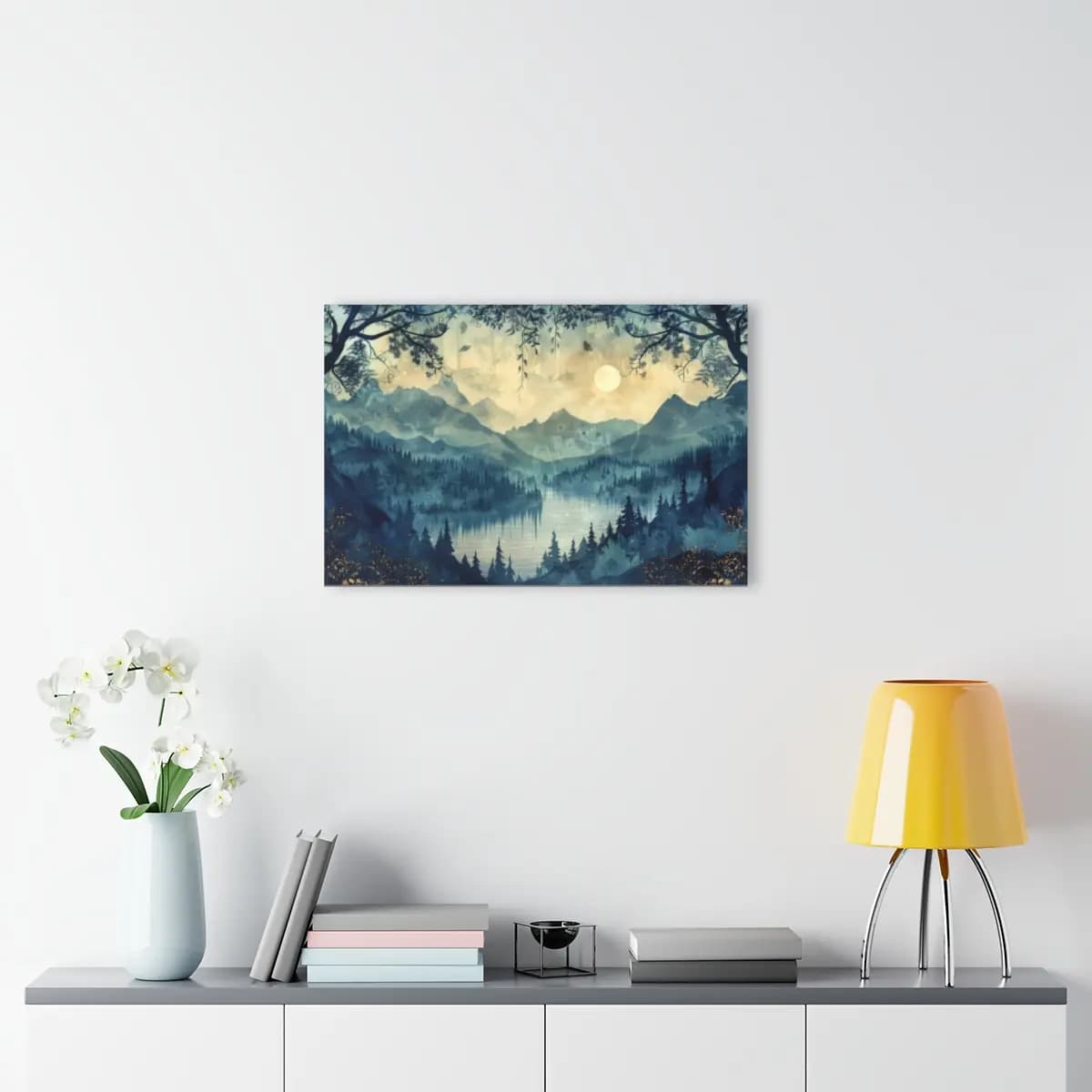 Misty Mountain Lake Beneath a Pale Moon - Acrylic Prints (French Cleat Hanging) mockup angle 4
