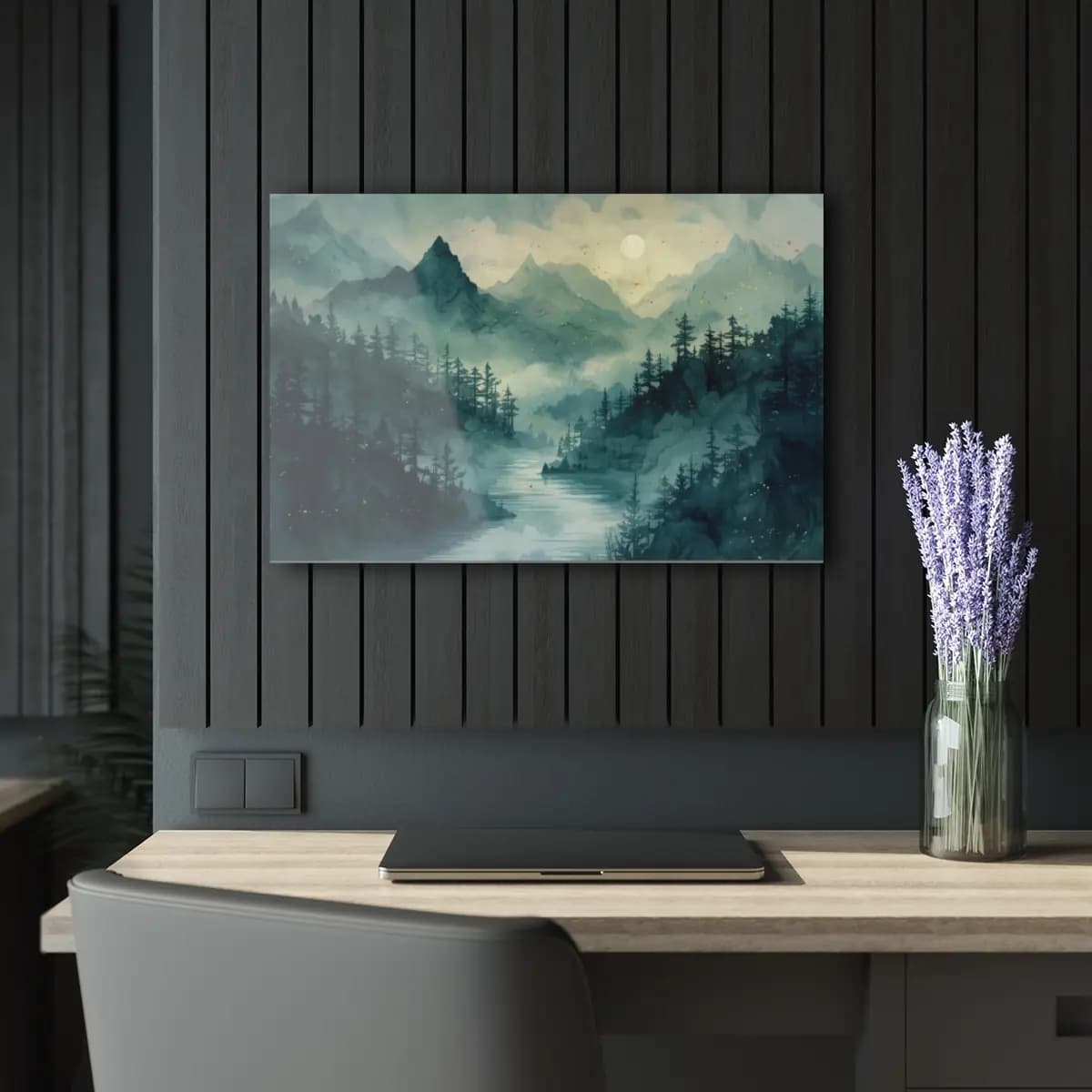Misty Mountain River Beneath a Pale Moon - Acrylic Prints (French Cleat Hanging) mockup angle 5