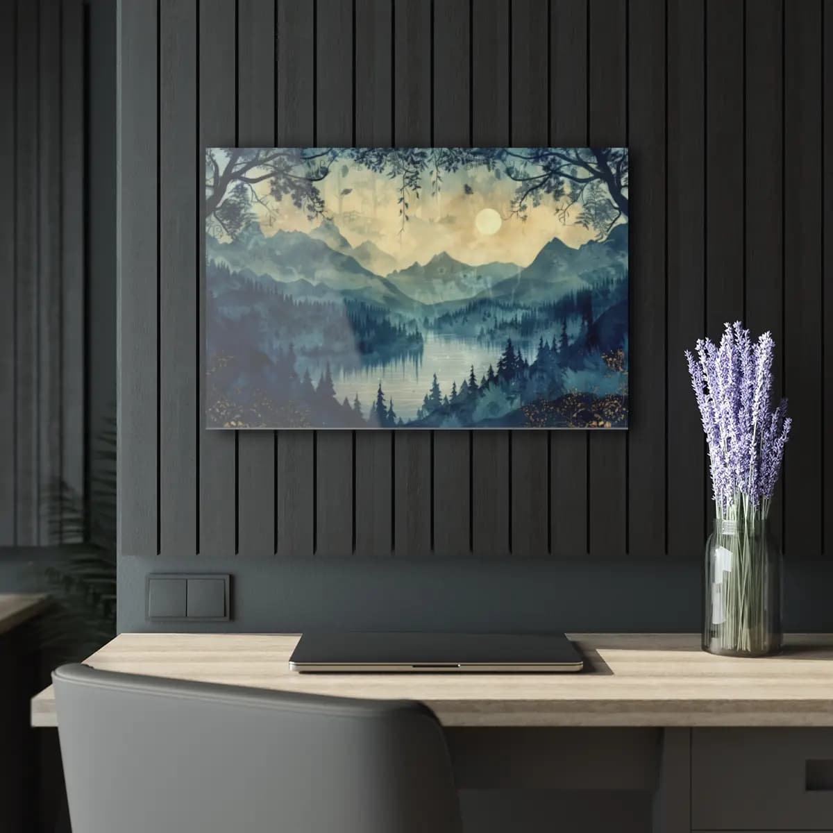 Misty Mountain Lake Beneath a Pale Moon - Acrylic Prints (French Cleat Hanging) mockup angle 5
