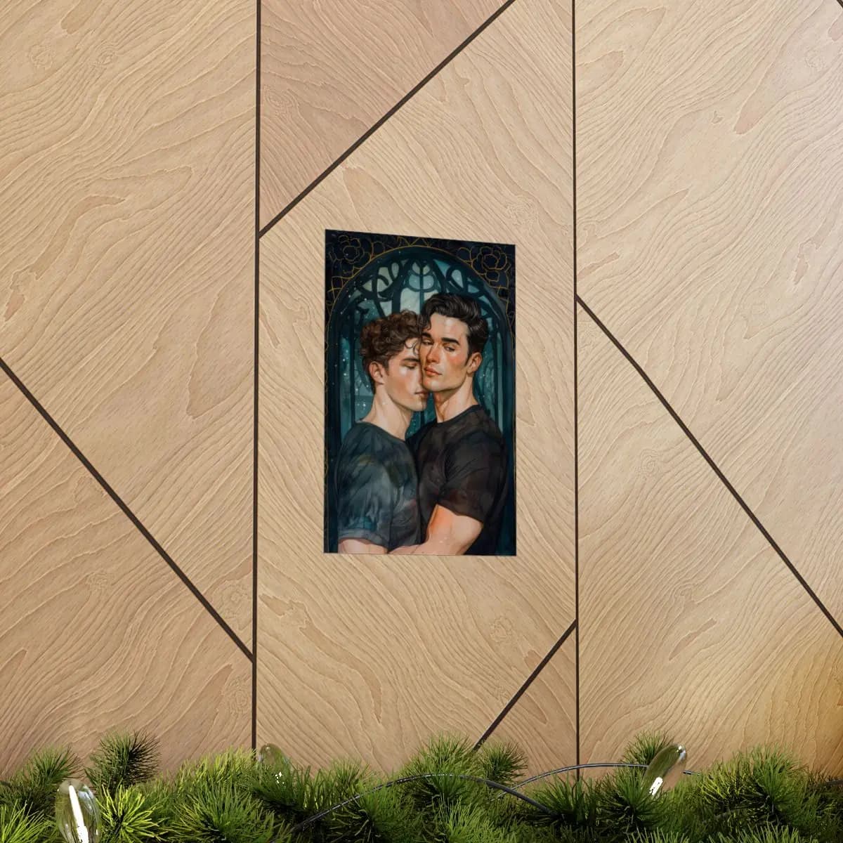 Two Men Embracing Beneath a Gothic Night Arch - Matte Vertical Posters mockup angle 5