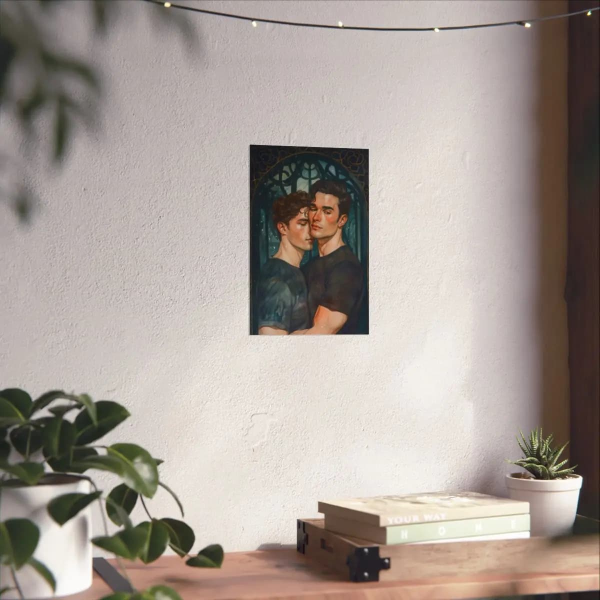 Two Men Embracing Beneath a Gothic Night Arch - Matte Vertical Posters mockup angle 6