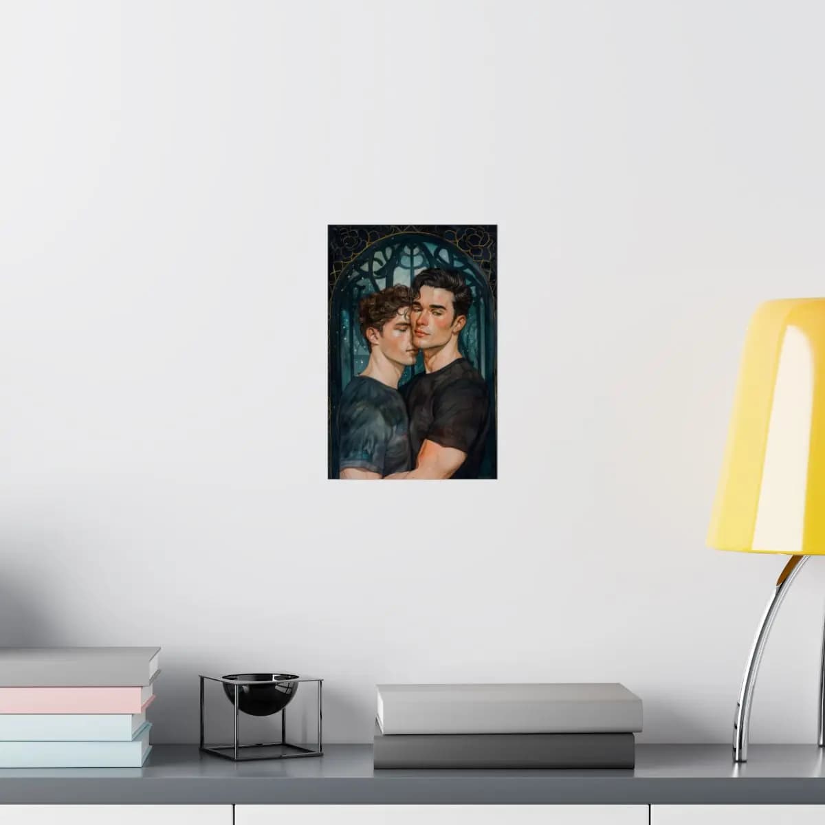 Two Men Embracing Beneath a Gothic Night Arch - Matte Vertical Posters mockup angle 8