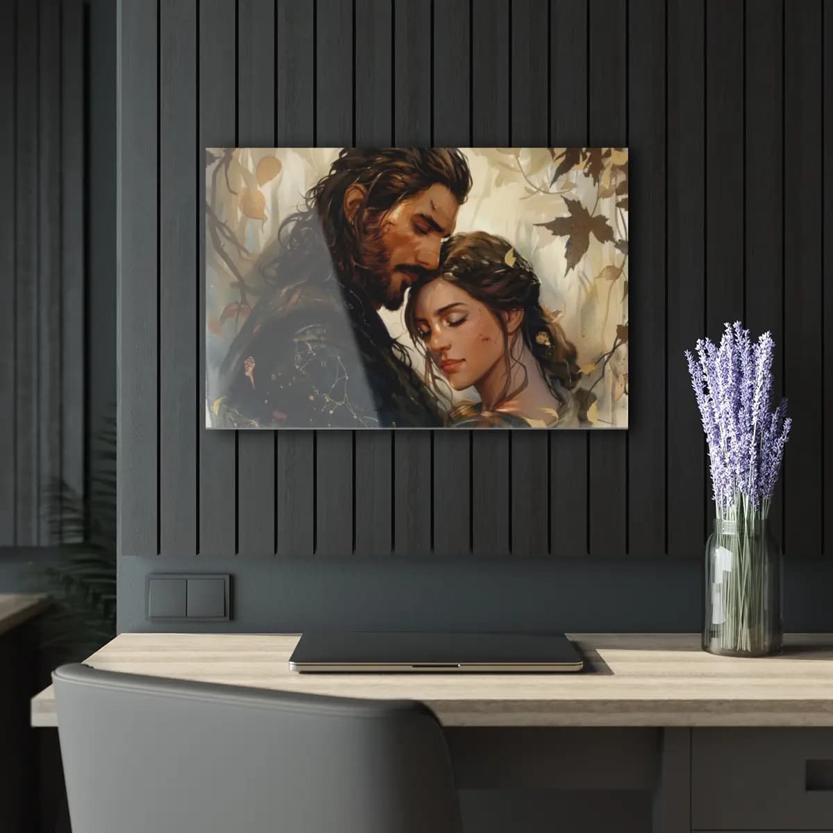 Tender Embrace Beneath Autumn Leaves - Acrylic Prints (French Cleat Hanging) mockup angle 5