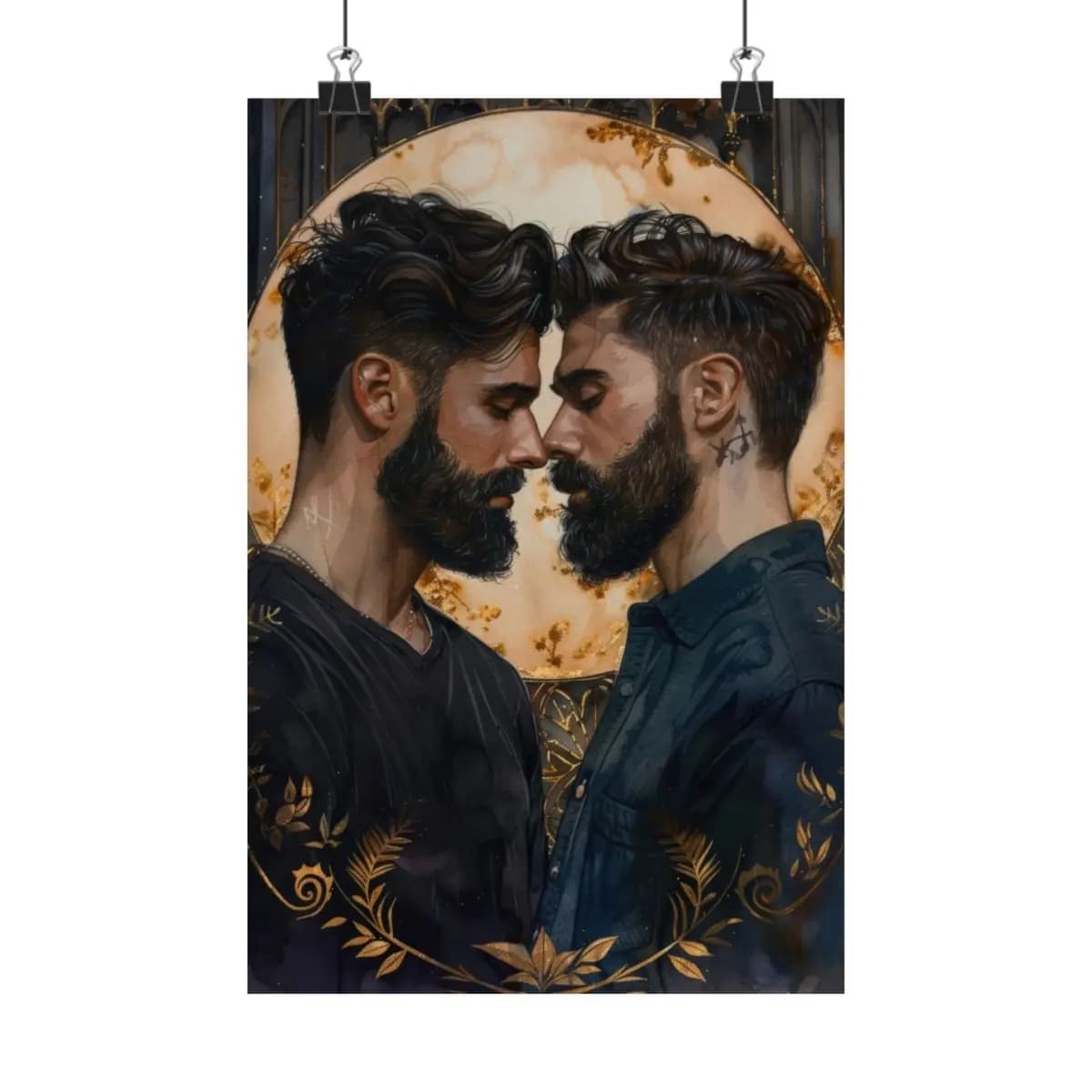 Two Bearded Men Face to Face Under a Golden Halo - Matte Vertical Posters mockup angle 1