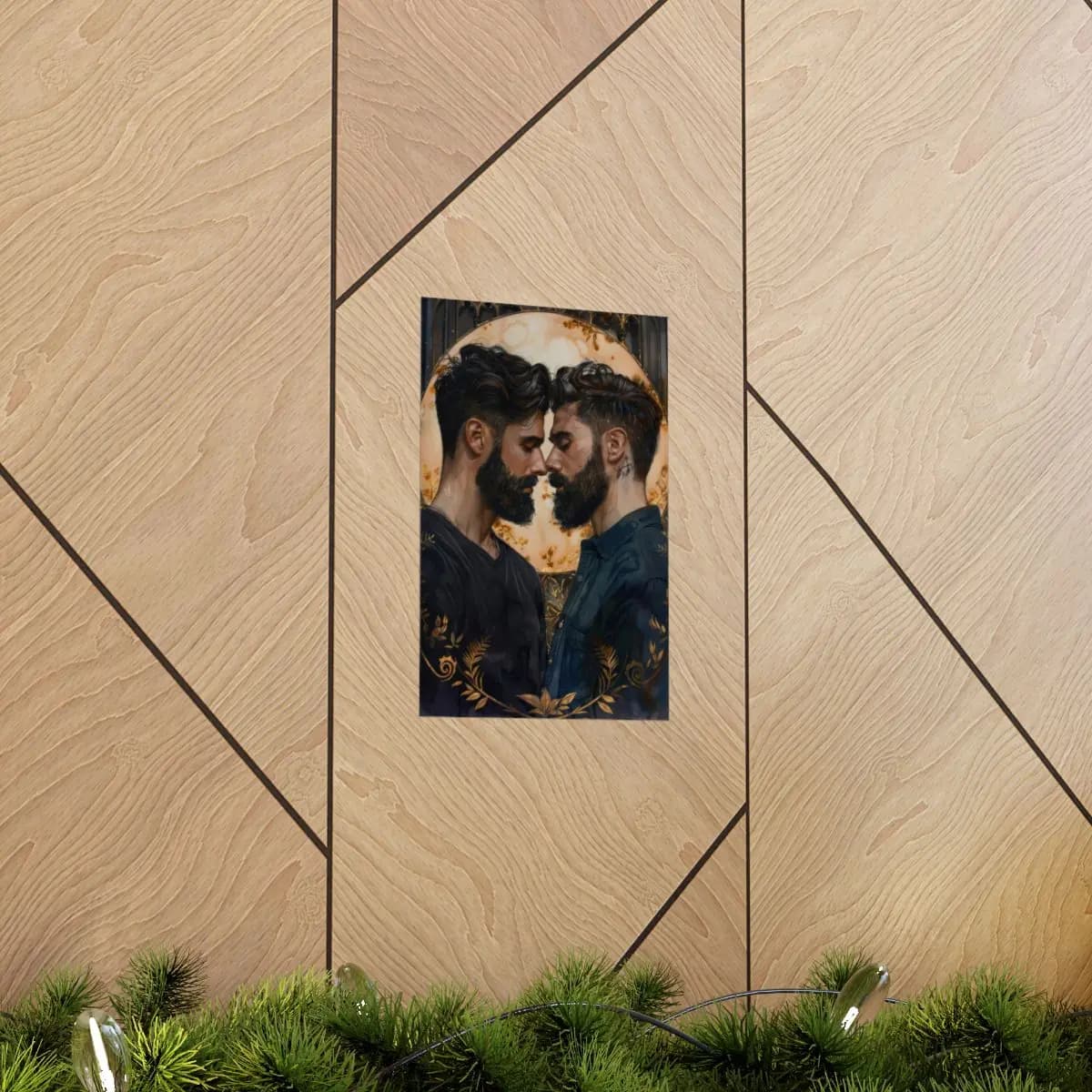 Two Bearded Men Face to Face Under a Golden Halo - Matte Vertical Posters mockup angle 5