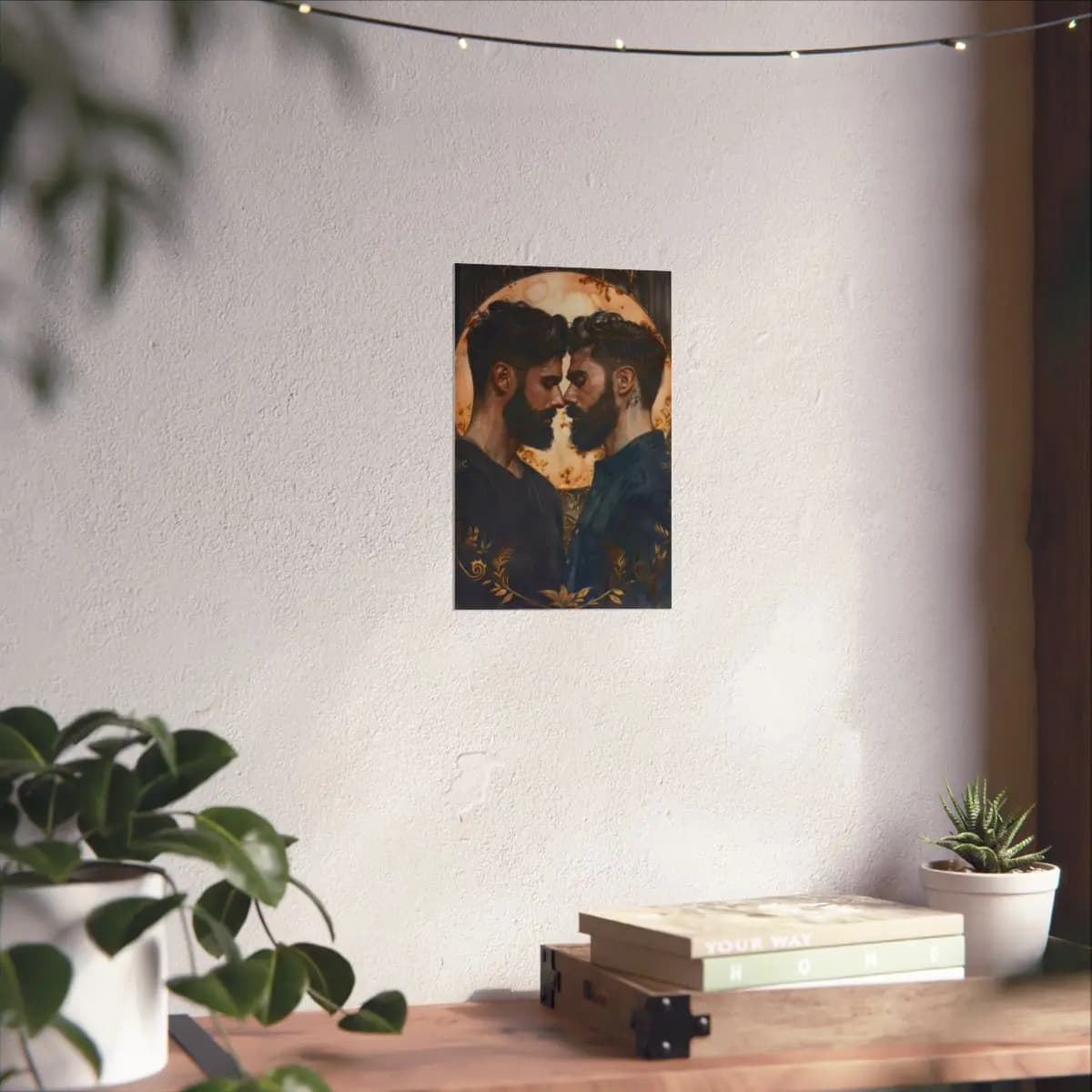 Two Bearded Men Face to Face Under a Golden Halo - Matte Vertical Posters mockup angle 6