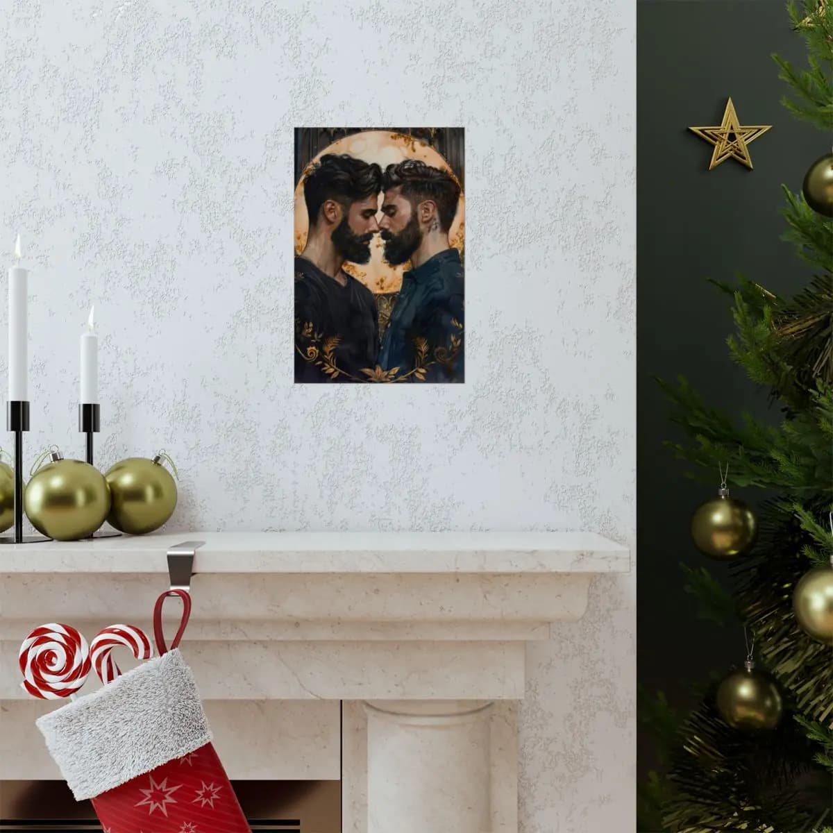 Two Bearded Men Face to Face Under a Golden Halo - Matte Vertical Posters mockup angle 7