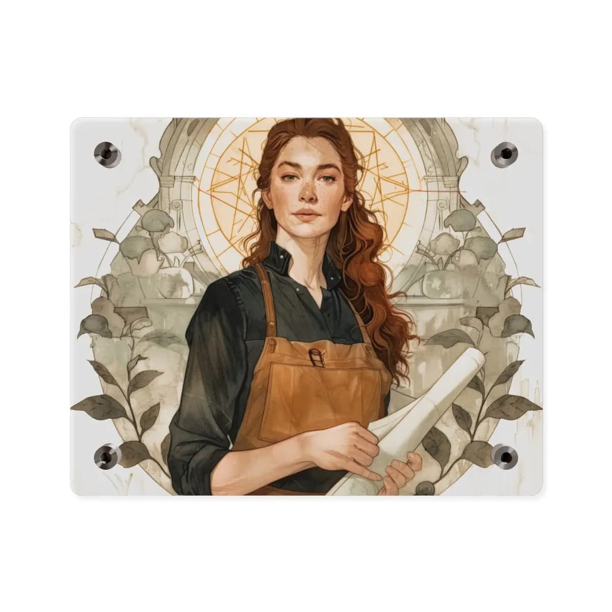 The Architect with Scrolls and Golden Halo - Acrylic Wall Art Panels mockup angle 2