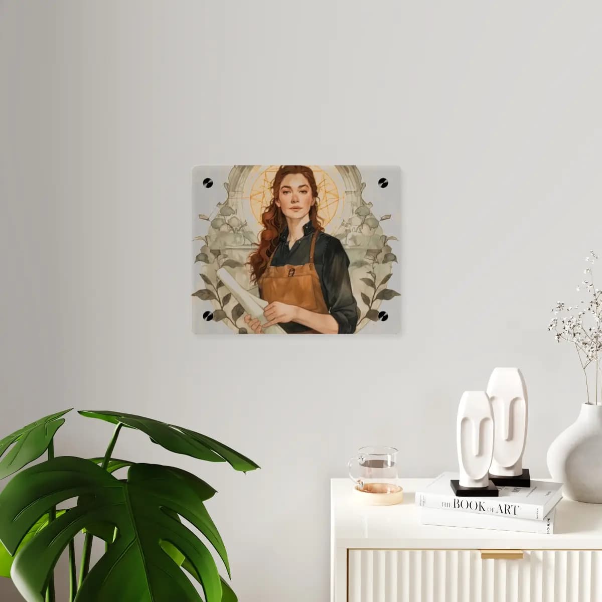 The Architect with Scrolls and Golden Halo - Acrylic Wall Art Panels mockup angle 3