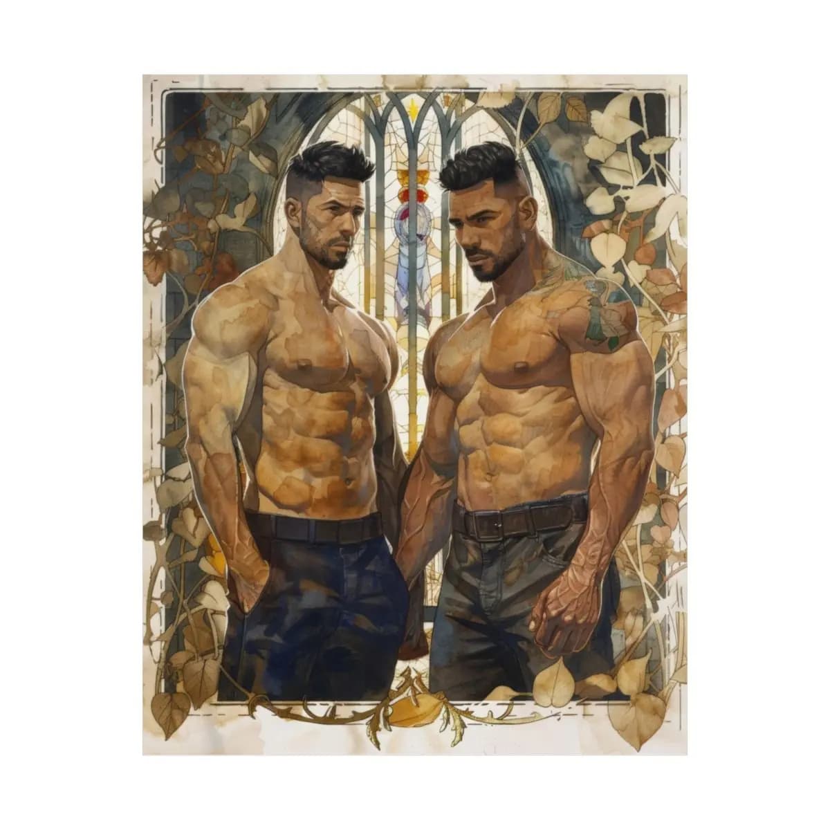 Two Warriors Before a Sacred Stained Glass - Matte Vertical Posters mockup angle 2