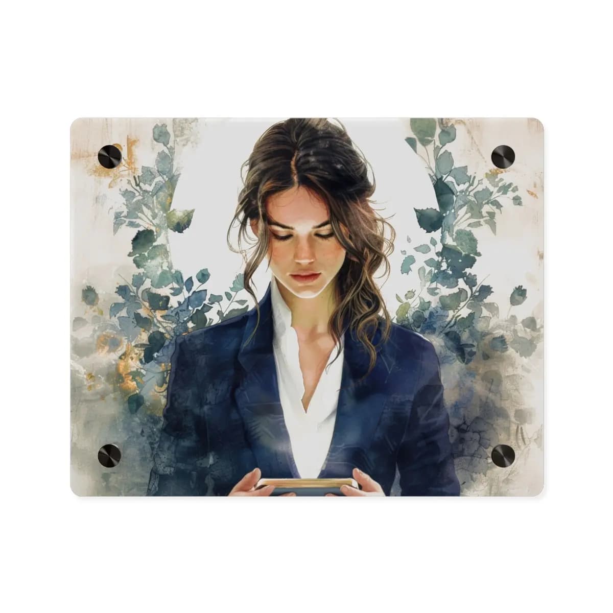 Woman in Navy Blazer Lost in Her Screen - Acrylic Wall Art Panels mockup angle 1