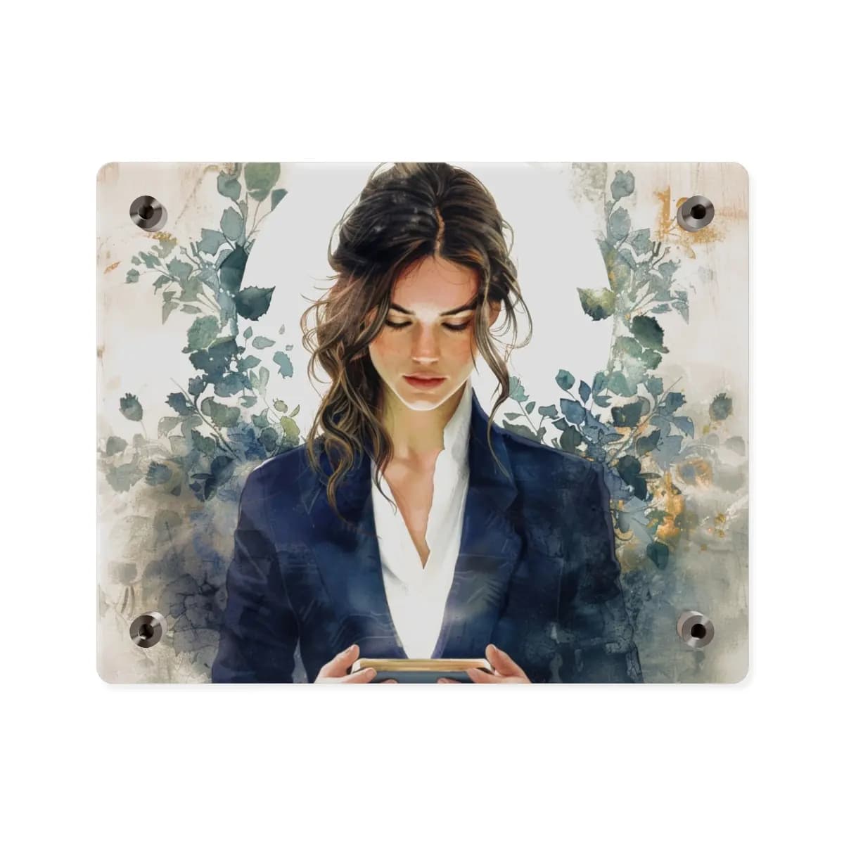 Woman in Navy Blazer Lost in Her Screen - Acrylic Wall Art Panels mockup angle 2