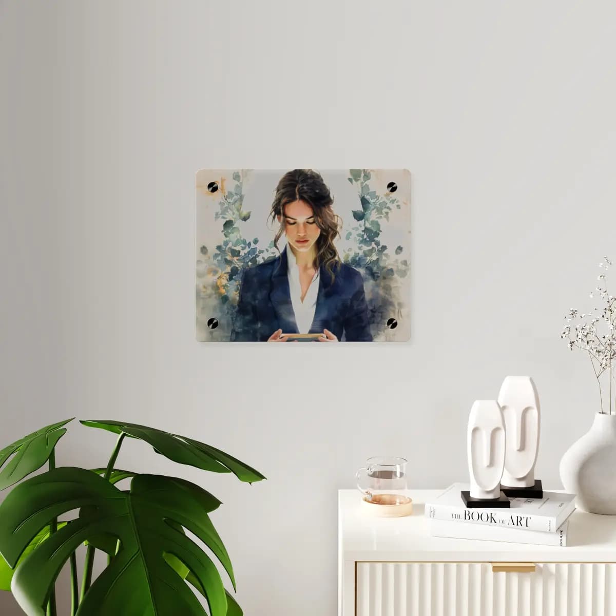 Woman in Navy Blazer Lost in Her Screen - Acrylic Wall Art Panels mockup angle 3