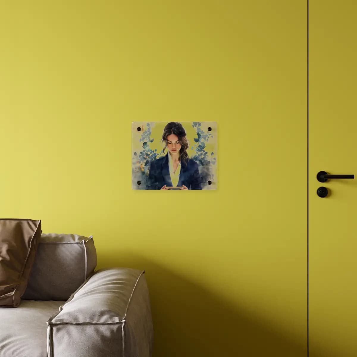 Woman in Navy Blazer Lost in Her Screen - Acrylic Wall Art Panels mockup angle 4