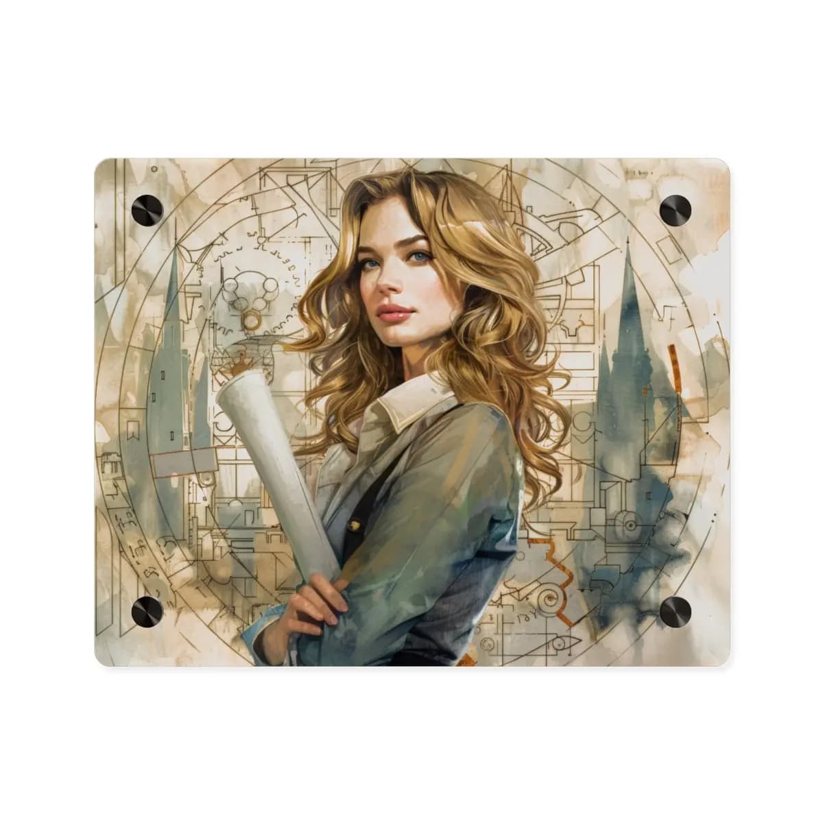 The Visionary Architect With Her Blueprints - Acrylic Wall Art Panels mockup angle 1