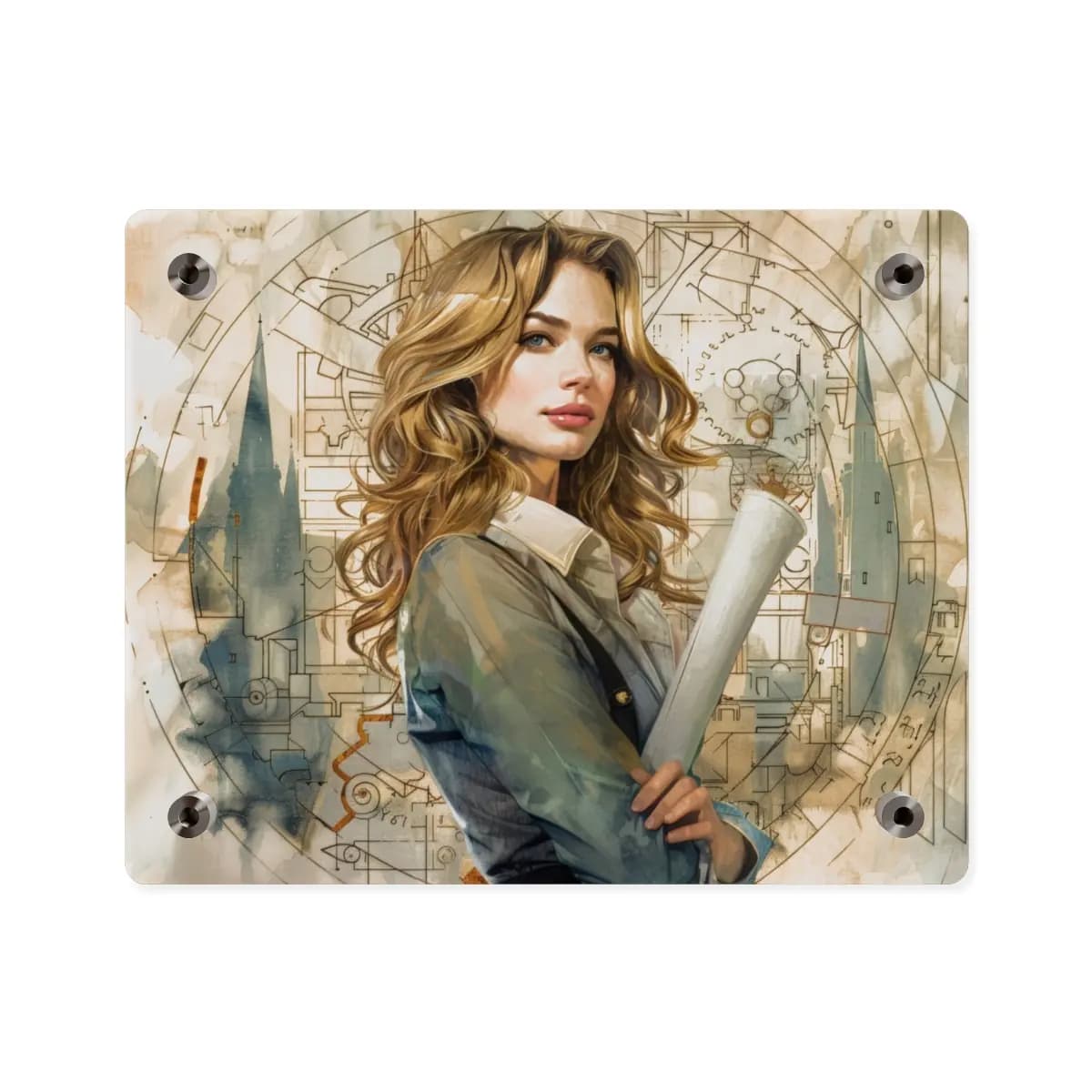 The Visionary Architect With Her Blueprints - Acrylic Wall Art Panels mockup angle 2