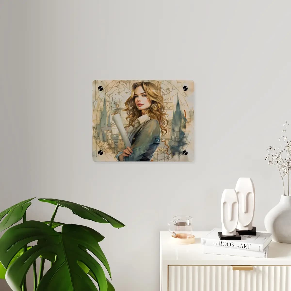 The Visionary Architect With Her Blueprints - Acrylic Wall Art Panels mockup angle 3