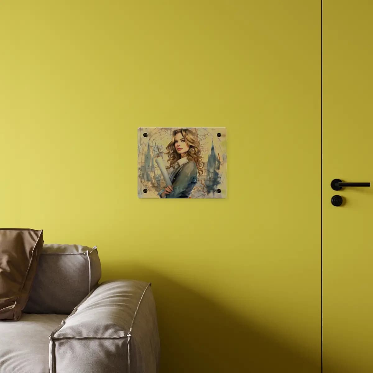 The Visionary Architect With Her Blueprints - Acrylic Wall Art Panels mockup angle 4