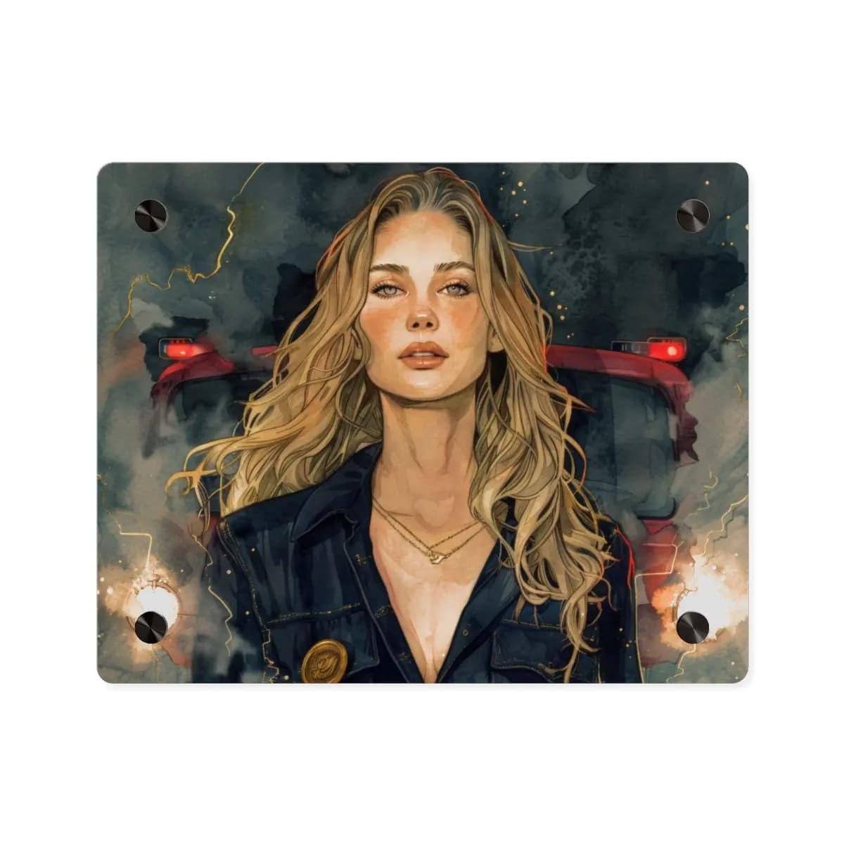 Blonde Woman Amid Storm and Red Taillights - Acrylic Wall Art Panels mockup angle 1