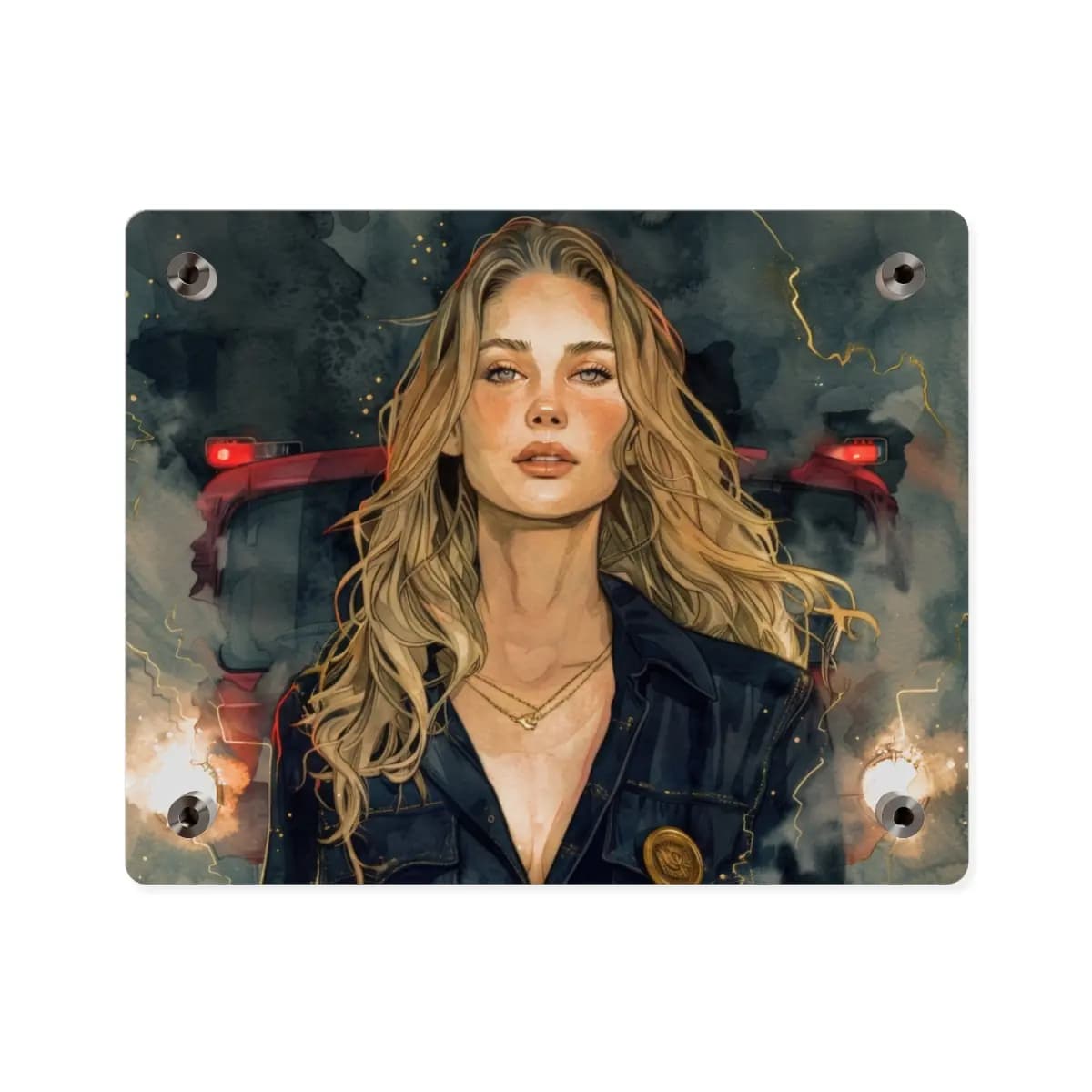 Blonde Woman Amid Storm and Red Taillights - Acrylic Wall Art Panels mockup angle 2
