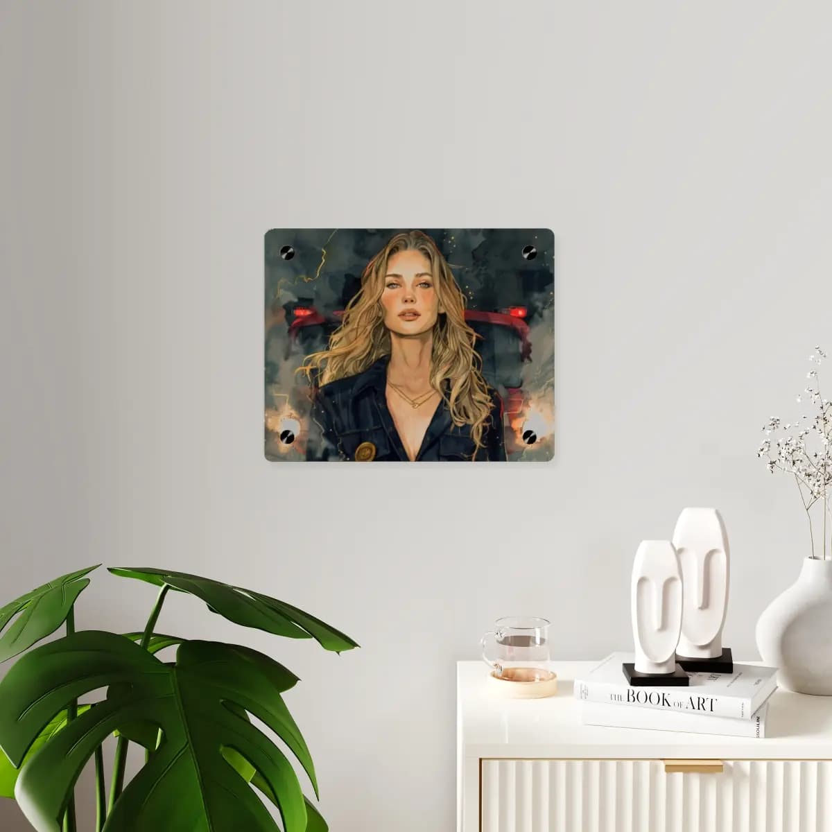Blonde Woman Amid Storm and Red Taillights - Acrylic Wall Art Panels mockup angle 3