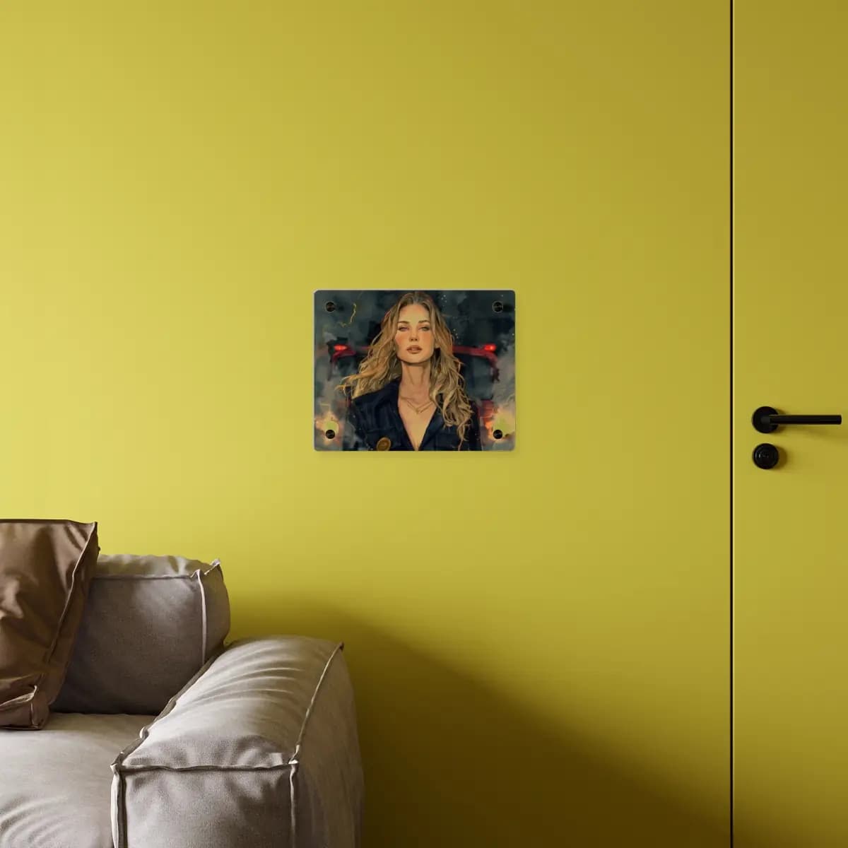 Blonde Woman Amid Storm and Red Taillights - Acrylic Wall Art Panels mockup angle 4
