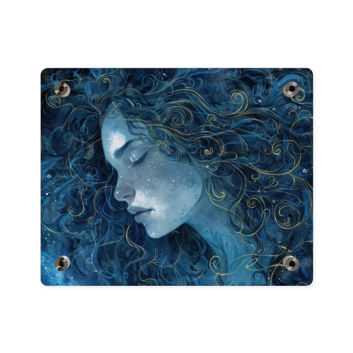 Sleeping Woman with Swirling Golden Hair - Acrylic Wall Art Panels mockup angle 2