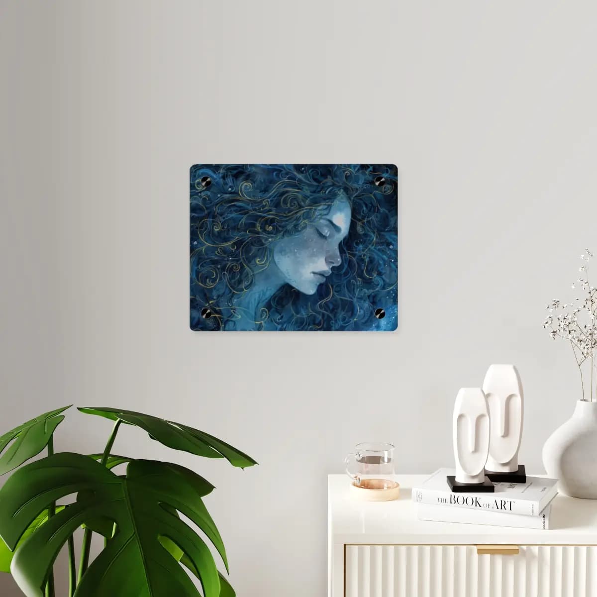 Sleeping Woman with Swirling Golden Hair - Acrylic Wall Art Panels mockup angle 3