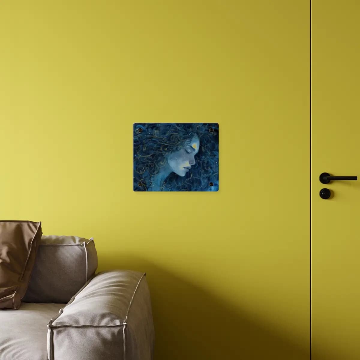 Sleeping Woman with Swirling Golden Hair - Acrylic Wall Art Panels mockup angle 4