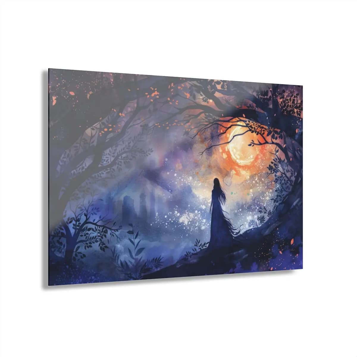 Lone Silhouette Before the Enchanted Forest Moon - Acrylic Prints (French Cleat Hanging) mockup angle 1