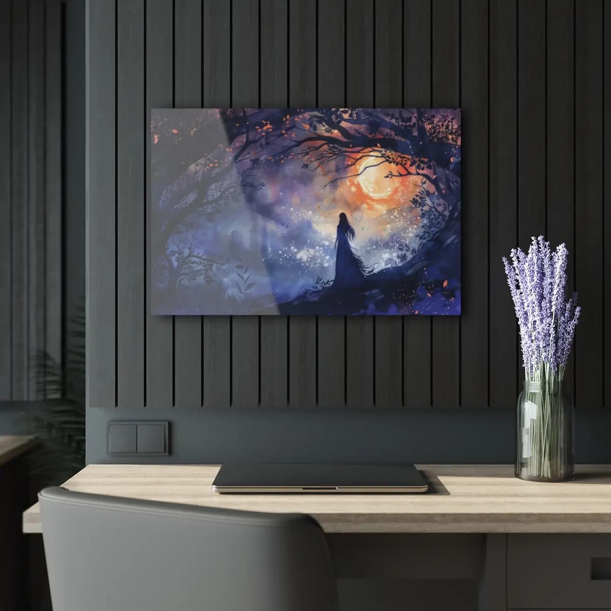 Lone Silhouette Before the Enchanted Forest Moon - Acrylic Prints (French Cleat Hanging) mockup angle 5