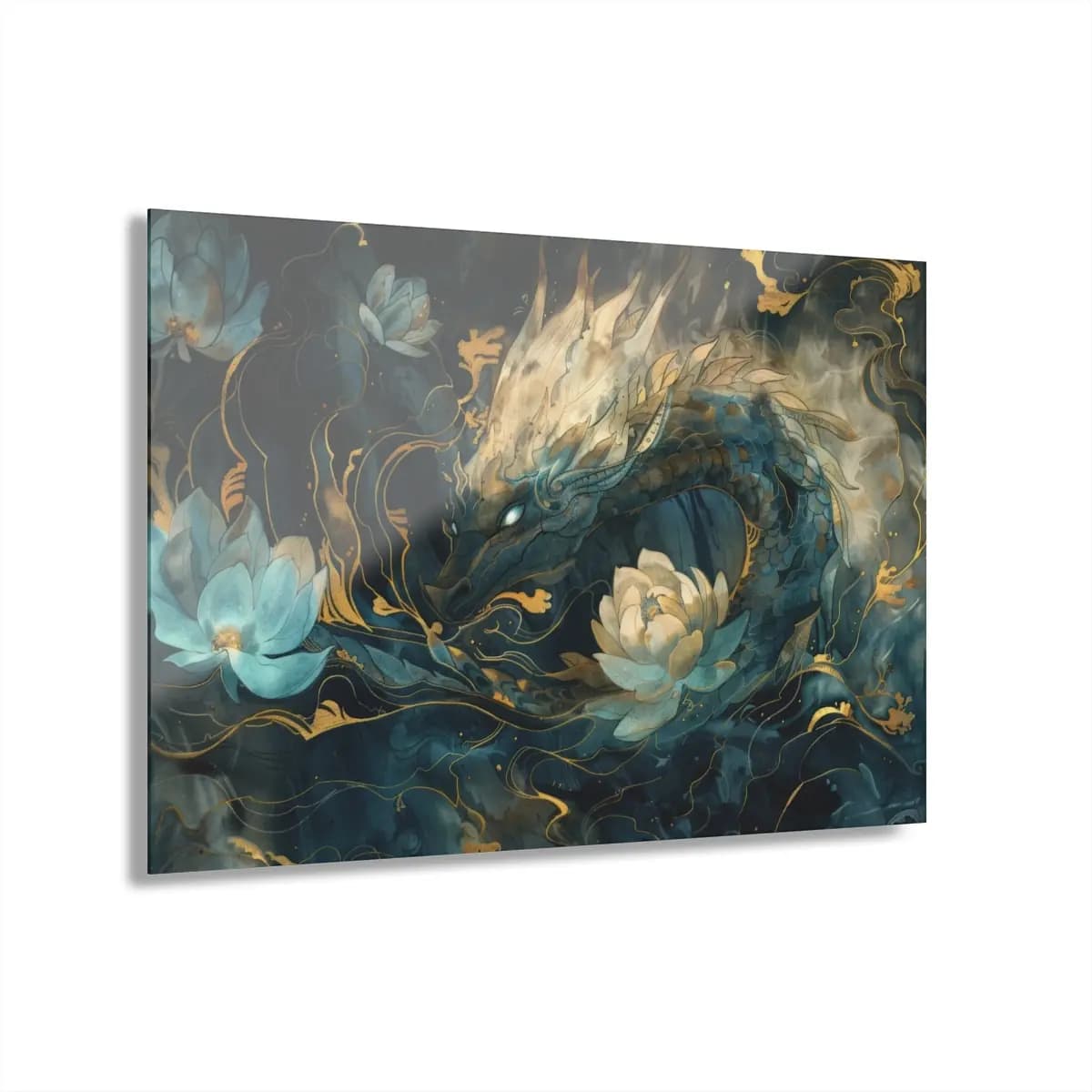 Celestial Dragon Among Golden Lotus Blossoms - Acrylic Prints (French Cleat Hanging) mockup angle 1