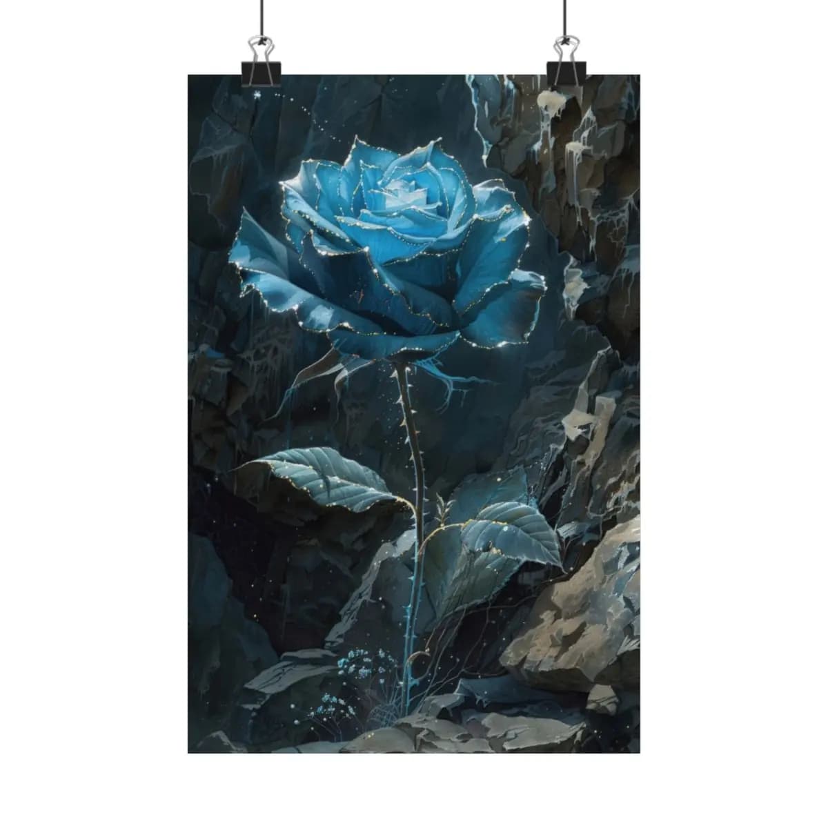 Celestial Blue Rose Among Dark Stone Walls - Matte Vertical Posters mockup angle 1